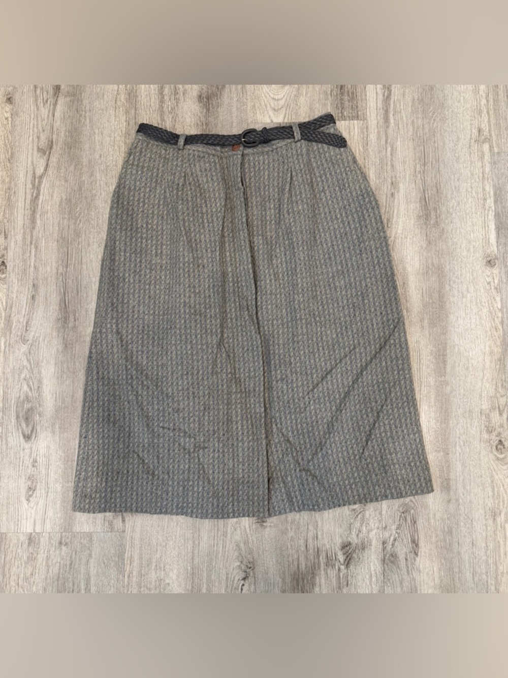 Vintage Barclay Square Wool Midi Skirt Herringbone Belted Made in USA